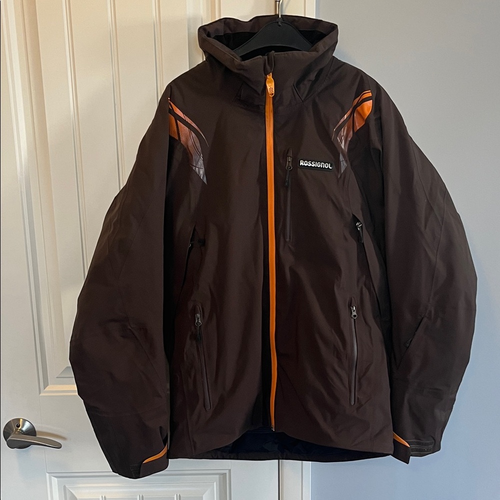 Rossignol Dark Brown Ski Jacket with Vibrant Orange Details M